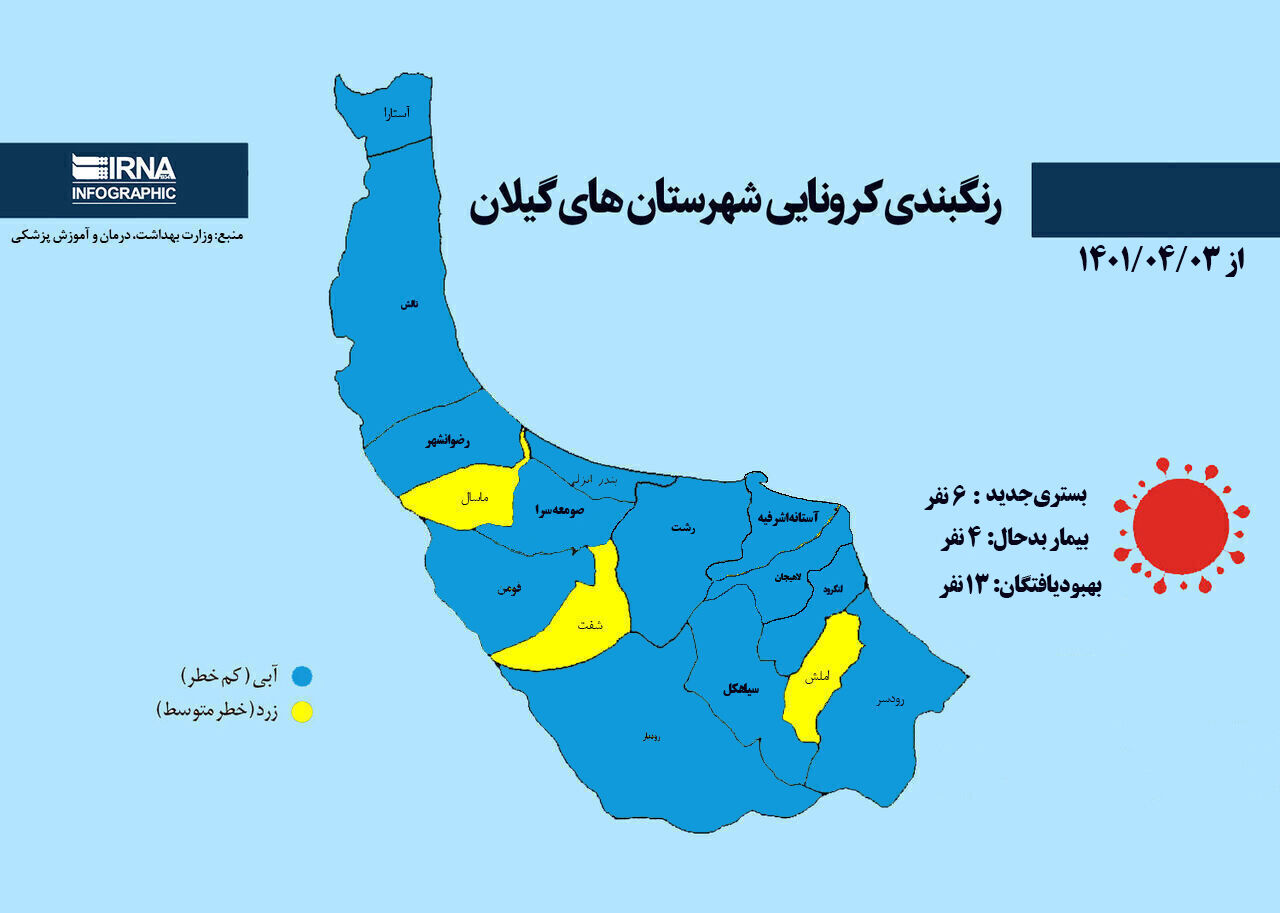رنگبندی کرونایی شهرستان‌های گیلان از (۱۴۰۱/۰۴/۰۳)